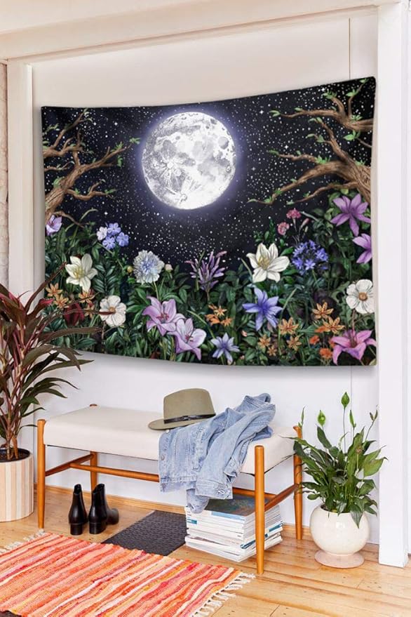 Neasow Aesthetic Moon Garden Tapestry Wall Hanging, Night Landscape with Colorful Plants Floral Tapestries for Bedroom Home Decor Multi Color 50×60 inch (130cm×150cm)-Ruum Studio Home