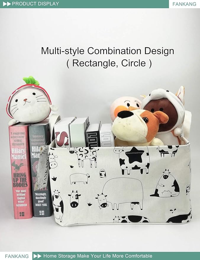 FANKANG Storage Basket,Nursery Hamper Canvas Laundry Basket Foldable with Waterproof PE Coating Storage, Office, Bedroom, Clothes,Toys(L, Rec-cows)-Ruum Studio Home