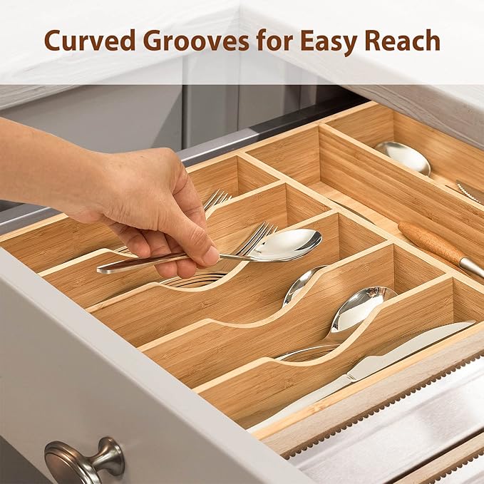 Umilife Bamboo Kitchen Drawer Organizer, 13 Inch Silverware Utensil Tray Holder, Extra Deep Grooved Drawer Divider, 7 Slots Total Bamboo Wood Caddy for Flatware Cutlery Knives, Forks, Spoons-Ruum Studio Home