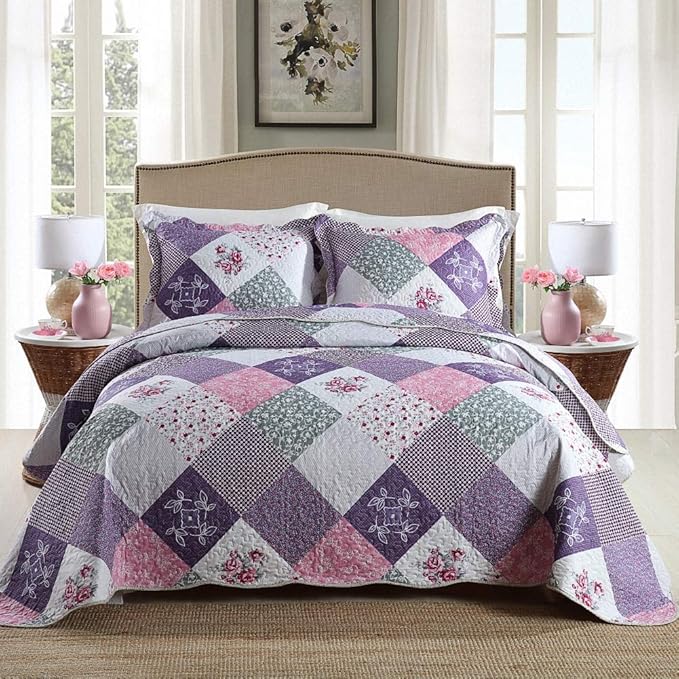 NEWLAKE Quilt Bedspread Sets-Floral Checkered Pattern Reversible Coverlet Set,Queen Size-Ruum Studio Home