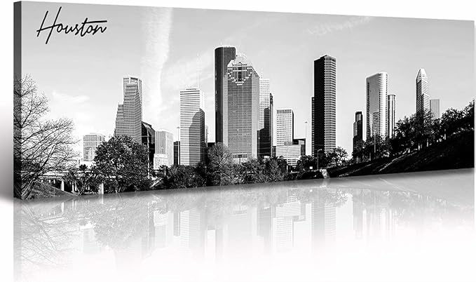 Black and White Wall Art Houston Skyline Canvas Print Picture Panoramic Cityscape Poster Decoration for Bedroom Office Home Decor Framed and Ready to Hang, 13.8"x47.3"-Ruum Studio Home