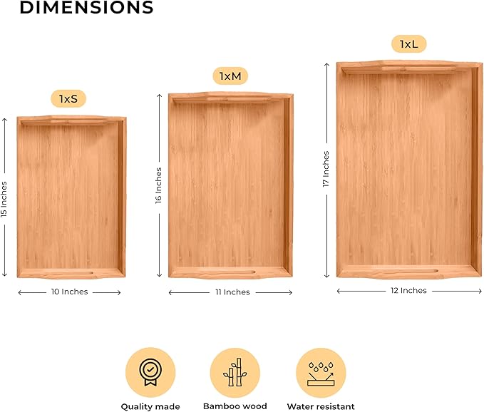 Prosumers Choice Wooden Tray - Light Brown Serving Trays with Handles - Nesting Design for Space Saving - Wooden Serving Tray for Food, Drinks, Snacks - Set of 3-Ruum Studio Home