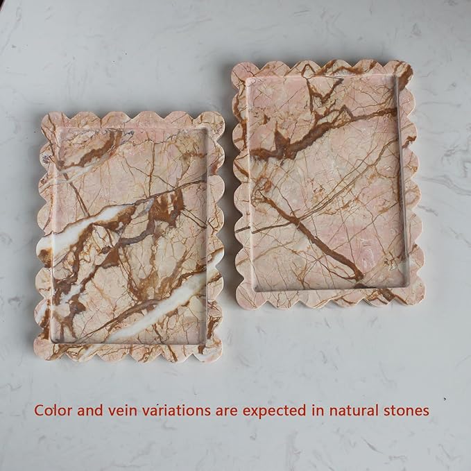 Natural Luxury Scalloped Marble Tray 10.8"x8", Rectangle Vanity Tray for Bathroom Kitchen Counter, Decorative Tray for Dresser Home Decor (Pink Marble)-Ruum Studio Home