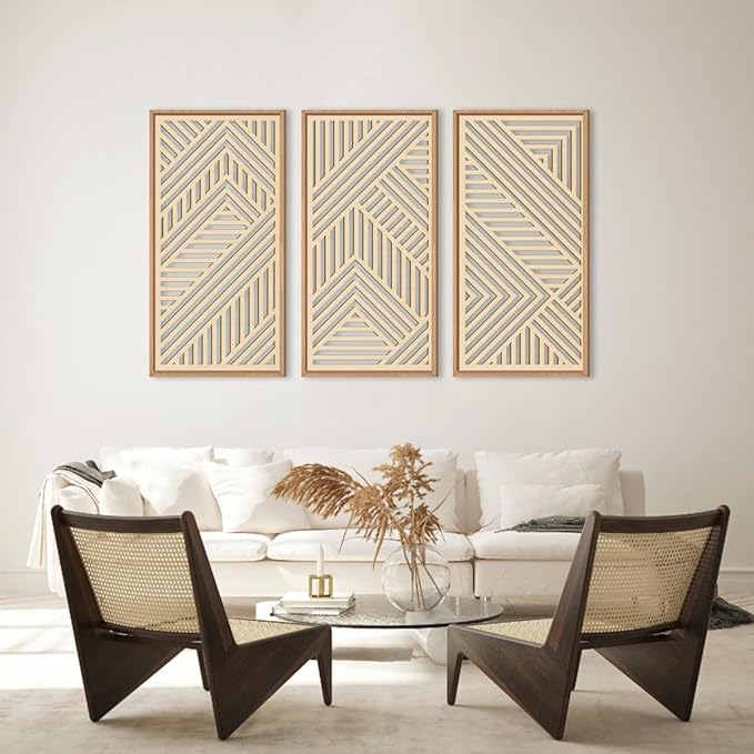 IARTTOP 3 Pieces Wood Boho Wall Art Framed Mid century Modern Wooden Wall Decor Large Minimalist Geometric Line Decor for Living Room Bedroom Office-16 x32-Ruum Studio Home