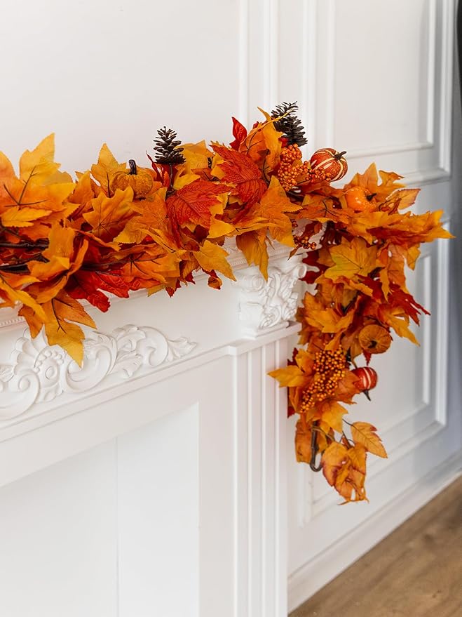 MISSPIN Fall Decor - Fall Garland - 6FT Autumn Maples Leaf Garland for Autumn Decor Hanging Vine for Halloween Thanksgiving Decor Home Wedding Fireplace Party Christmas(Orange)-Ruum Studio Home
