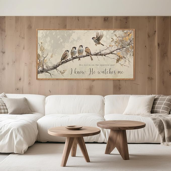 Aurlan His Eye is on the Sparrow Christian Wall Art Framed(40"x20"), Vintage Neutral Birds on Tree Branch Nature Canvas Artwork, Religious Faith Gift Bible Verse Scripture Print Decor for Home Office Bedroom-Ruum Studio Home