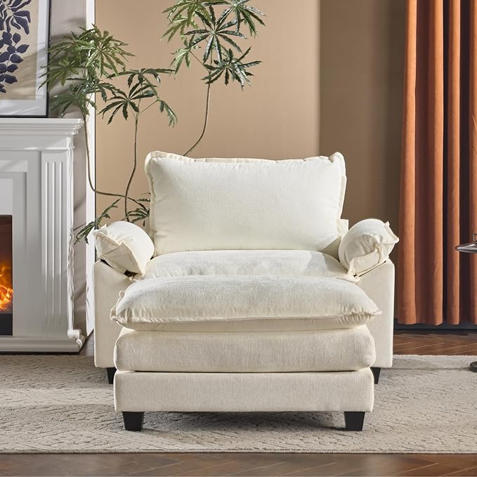 Karl home Oversized Accent Chair Chenille Sofa with Chaise, Modern Sofa Chair with Removable Ottoman Modular 1-Seater Couch and 2-Layer Ottoman for Living Room, Apartment, Studio, Beige-Ruum Studio Home