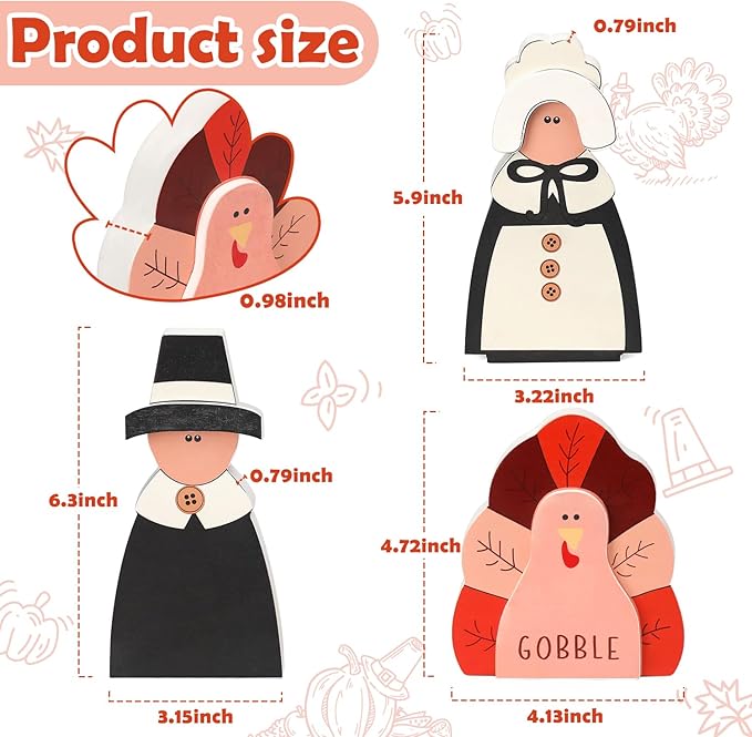 Amorita Fall Thanksgiving Decorations Wooden Turkey Pilgrim Couple Table Sign 3 Pcs Fall Thanksgiving Decor Standing Tabletop Sign Decor for Autumn Harvest - W-Ruum Studio Home
