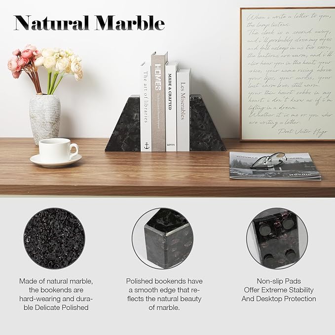 Marble Bookend for Heavy Books, Decorative Bookends for Shelves, Durable and Heavy-Duty Book End for Hardback Book & CDS, Unique Book Stopper & Holder, Meteorus, Set of 2-Ruum Studio Home