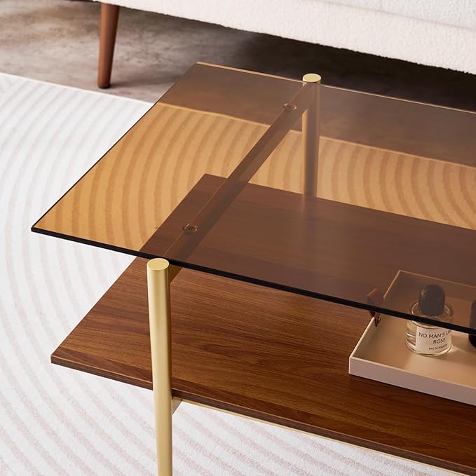 Rectangle Coffee Table, Mid-Century Modern Design, L41 W21 x H17, for Living Room, 2-Tier Structure, Amber Glass Top and Walnut MDF Shelf, Sleek Conical Metal Legs with Gold Finish-Ruum Studio Home