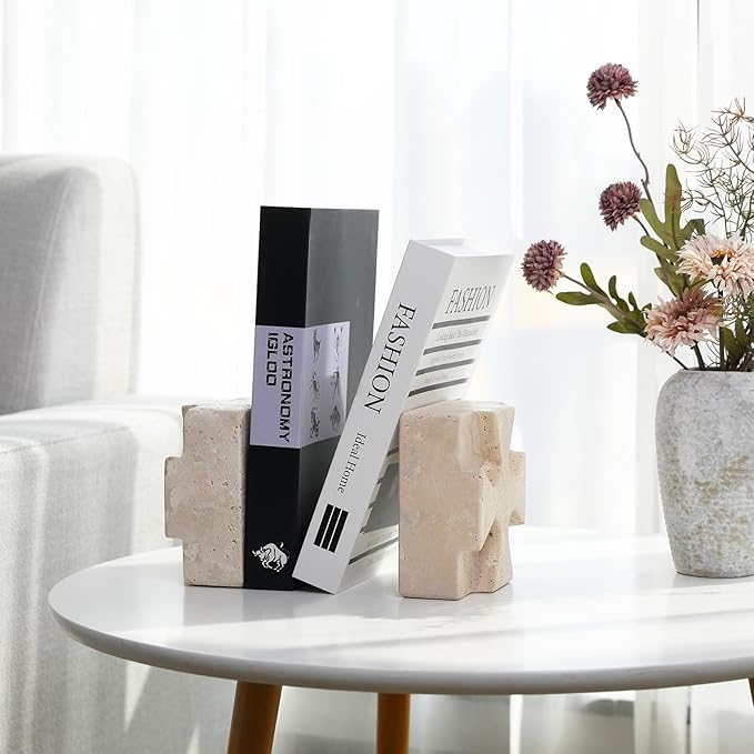 Natural Marble Bookends for Heavy Books, Heavy Duty Square Decorative Stone Book Ends for Shelves, Aesthetic Travertine Book Holder, Modern Office Bookshelf Stopper Decor, Beige, Set of 2-Ruum Studio Home