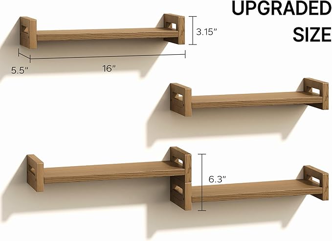 Vailando Floating Shelves for Wall, Set of 4 Solid Wood Wall Mounted Shelves, 16" Rustic Walnut Display Shelf for Bedroom, Living Room, Bathroom, Kitchen – Strong Load Capacity & Natural Pine-Ruum Studio Home