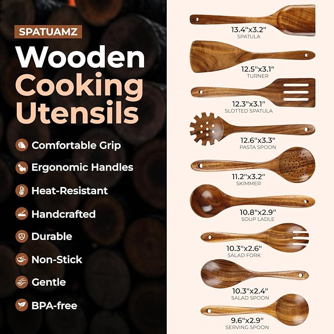 SPATUAMZ Natural Kitchen Utensils Set Wooden, Teak Wooden Spoons for Cooking, Wooden Utensils Set of 9 for Any Kitchen-Ruum Studio Home