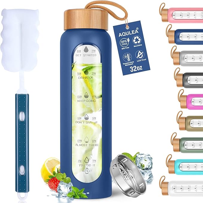 Aqulea Glass Water Bottles 32 Oz with Silicone Sleeve - BPA Free Reusable Wide Mouth Glass Motivational Water Bottles with Fruit Infuser – Leak Proof Borosilicate Water Bottle with Time Marker (Blue)-Ruum Studio Home