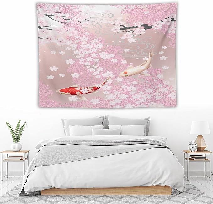 Houselerax Japanese Koi Fish Tapestry, Cherry Blossoms Asian Oriental Pink Flower Branch Koi Fish Carp Tapestries Wall Hanging for Bedroom Living Room Office Decor 80"x60"-Ruum Studio Home