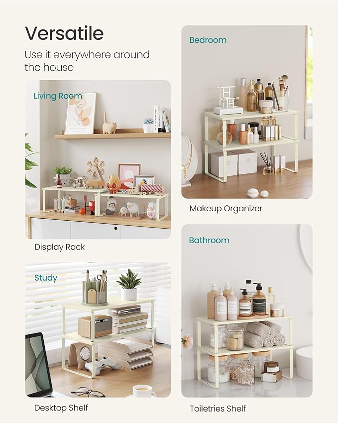 SONGMICS Cabinet Organizer Shelf, Set of 2 Kitchen Counter Shelves, Kitchen Storage, Spice Rack, Stackable, Expandable, Metal and Engineered Wood, Cream White UKCS200W02-Ruum Studio Home