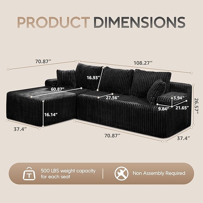 Hobestluk Modular Sectional Sofa Couches 108" L-Shape Couch 3 Seat Modular Sofa Memory Foam Sectional Couches for Living Room, Boneless Couch with Oversized Chaise (Black, Left Facing)-Ruum Studio Home