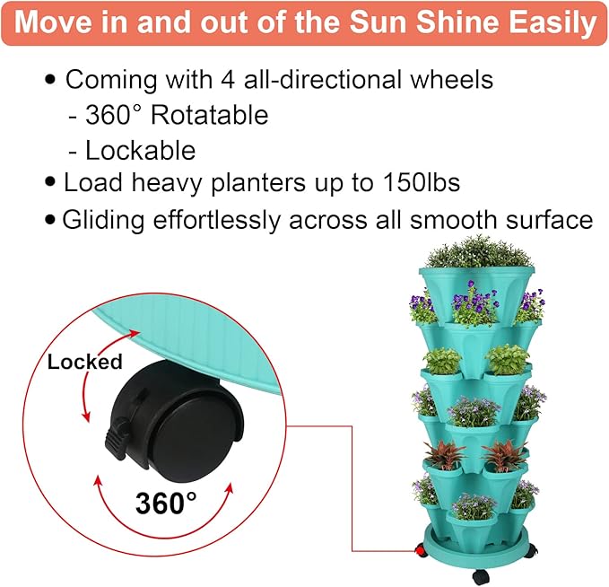 Vertical Planter 6 Tier Stackable Planters Garden Planters Strawberry Herb Flower and Vegetable Planter Indoor Outdoor Gardening Pots with Removable Wheels and Tools-Ruum Studio Home