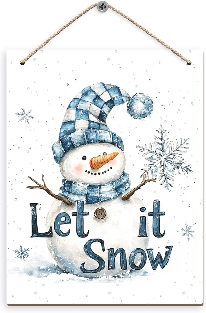 Winter Snowman Hanging Wooden Signs 12x6, Let It Snow Signs, Winter Wall Decor, Winter Door Decor, Blue Snowman Winter Snowflakes Home Room Office Hanging Wall Decor-Ruum Studio Home