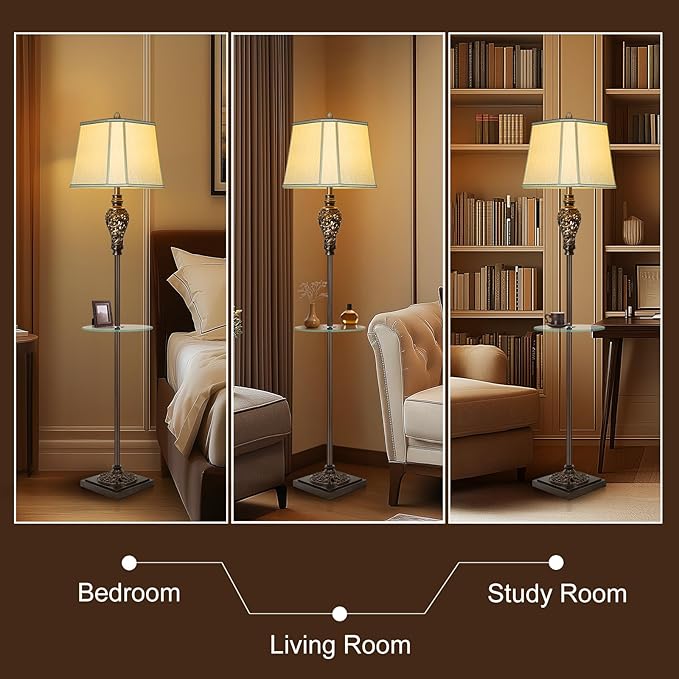 Rustic Floor Lamp for Living Room with Nightlight and Glass Tray, Vintage Standing Lamp with Beige Faux Silk Shade, Farmhouse Tall Lamp for Bedroom Study Home Office Hotel Bar - Brown (Bulb Included)-Ruum Studio Home