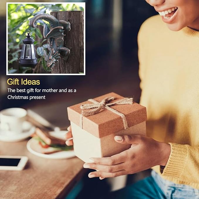 Solar Dragon Tree Hugger Statue Wall Decor - Gothic Garden Statue with Solar Lantern, Outdoor&Yard Decor, Fantasy Dragon Figurine for Trees, Walls, or Fences - Unique for Men & Women-Ruum Studio Home
