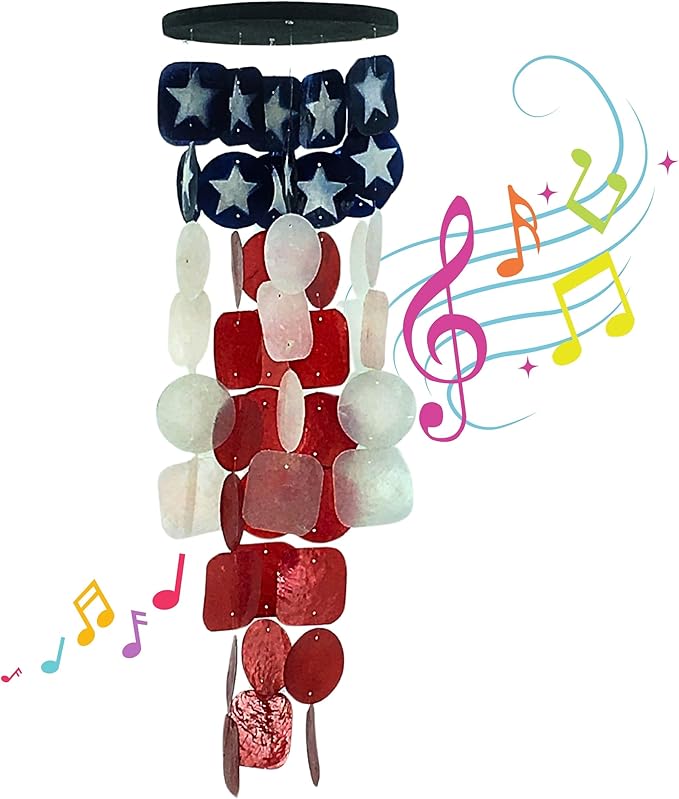 Bellaa 24834 Wind Chimes Outdoor, Garden Decorations, Musical, Indoor/Outside Windchimes, Beach, Ocean Breeze, Gifts for Mom, Gift for All Occasions, Capiz Sea Glass Shells Wood American Patriotic-Ruum Studio Home