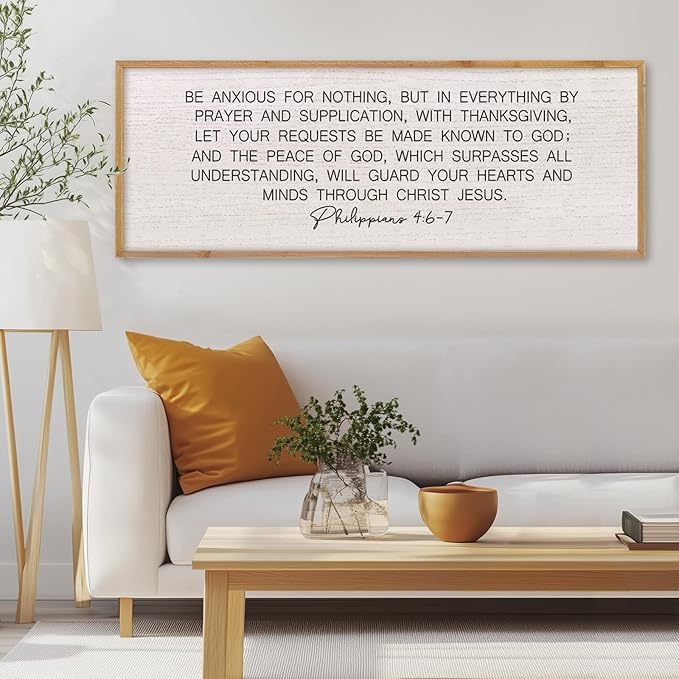 LuZhiQiang Be Anxious for Nothing Wall Decor 32"×12" Philippians 4:6-7 Bible Verse Sign Large Christian Scripture Wood Framed Hanging Decor (Wood)-Ruum Studio Home