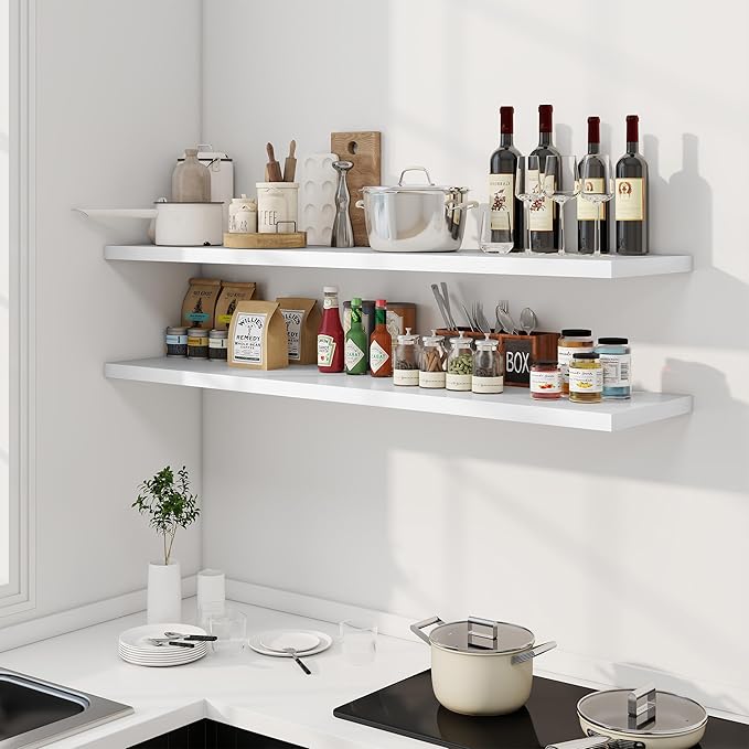 55" Floating Shelves for Wall, 12" Deep Slim White Floating Shelves, Wall-Mounted Shelves for Bedroom, Living Room, Kitchen, Bathroom - Set of 2-Ruum Studio Home