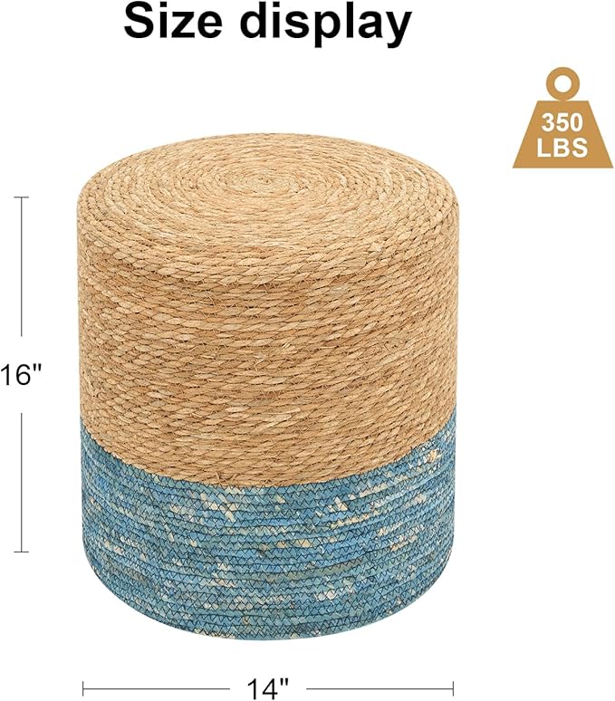 Pouf Ottomans, Handwoven Natural Straw Footstool, Round Braided Outdoor Patio Stool with Wood Frame, Boho Decor Accent Seat Balcony, or Garden (Blue)-Ruum Studio Home