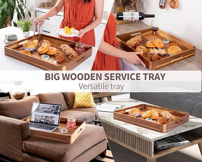 Large Wooden Ottoman Tray, Great 22"x18" Rectangle Trays for Big Ottoman Counter, Huge Kitchen Wood Serving Tray Round Corner, Living Room Coffee Table Decor Centerpiece Organizer Trays-Ruum Studio Home