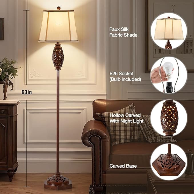Luvkczc Vintage Floor Lamp - Brown Carved Resin with Hollow Light Design, Rustic Standing Lamp for Living Room, Bedroom, Study(Bulb Included)-Ruum Studio Home
