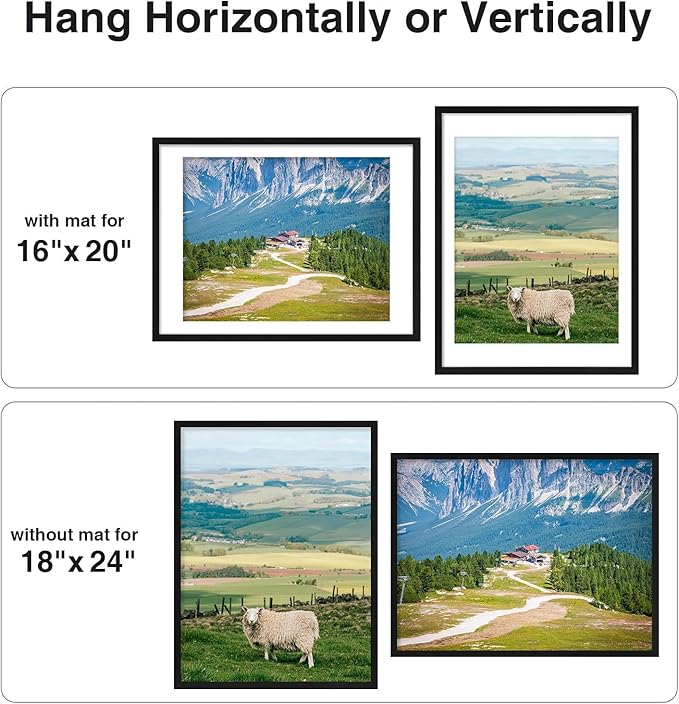 Vittanly 18x24 Picture Frames Set of 9, Shatter Resistant Plexiglass, Display 16x20 Pictures with Mat or 18x24 without Mat, Photo Frames for Wall or Tabletop, PVC Frame, Black-Ruum Studio Home