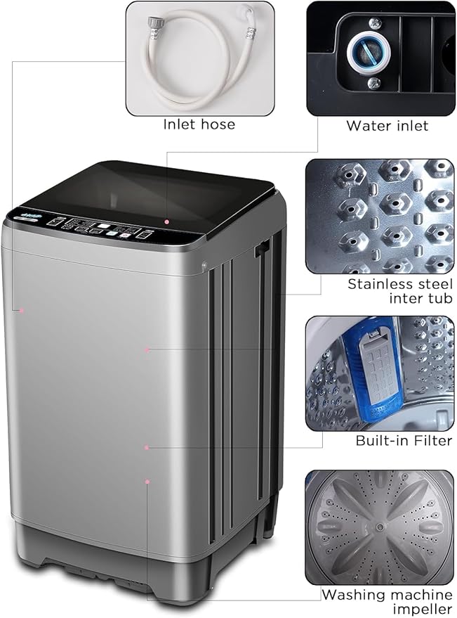 Full-Automatic Washing Machine 25 lbs Portable Washer 10 Wash Program & 8 Water Level with LED Display，Drain Pump, Ideal for Apartments, RV, Camping, Grey-Ruum Studio Home