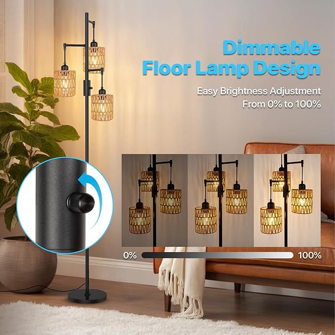 3-Light Boho Floor Lamp for Living Room, Rattan Wicker Standing Lamp Palm Tree Design, Farmhouse Coastal Floor Light with Woven Shade, Tall Bohemian Lamp-Ruum Studio Home