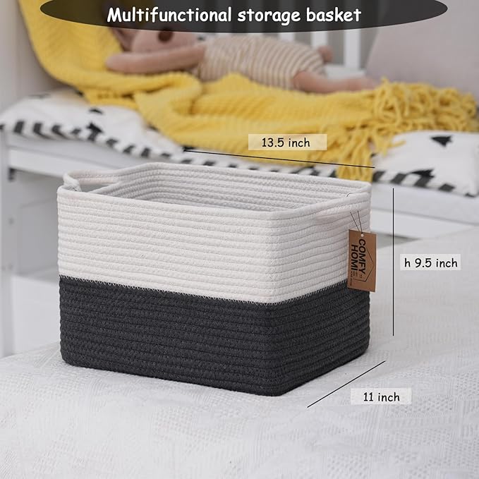 COMFY-HOMI Cotton Rope Woven Basket with Handles for Shelves,Toys,Book, Cloth Storage Baskets Bin for Organizing-13.5"x11"x9.5" Toy Decorative Organizer for Living Room, Bathroom-White/Dark Grey-Ruum Studio Home