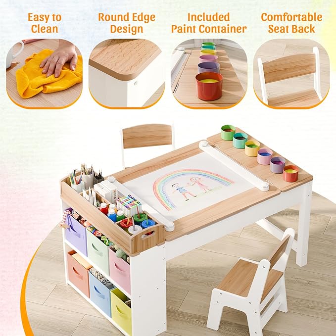 Kids Art Table and Chair - Toddler Craft Table and Chairs Set with 2 Chair & Bins, Kids Activity Desk with Paper Roll for Playrooms & Classroom, 44" L x 24" W, Natural-Ruum Studio Home
