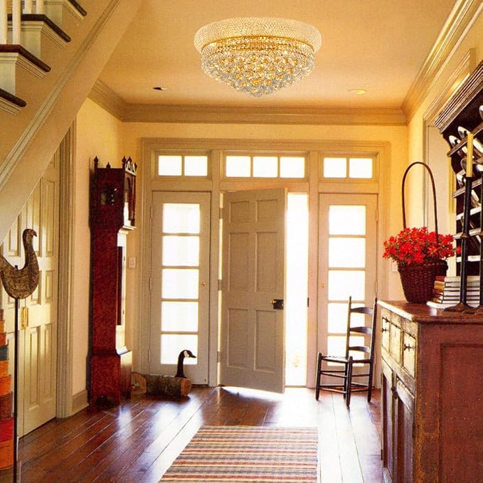 9-Light Crystal Flush Mount Chandelier Ceiling Light Fixture for Living Room Dining Room Bedroom Foyer Entryway Hallway Closet Bathroom (Gold D22)-Ruum Studio Home