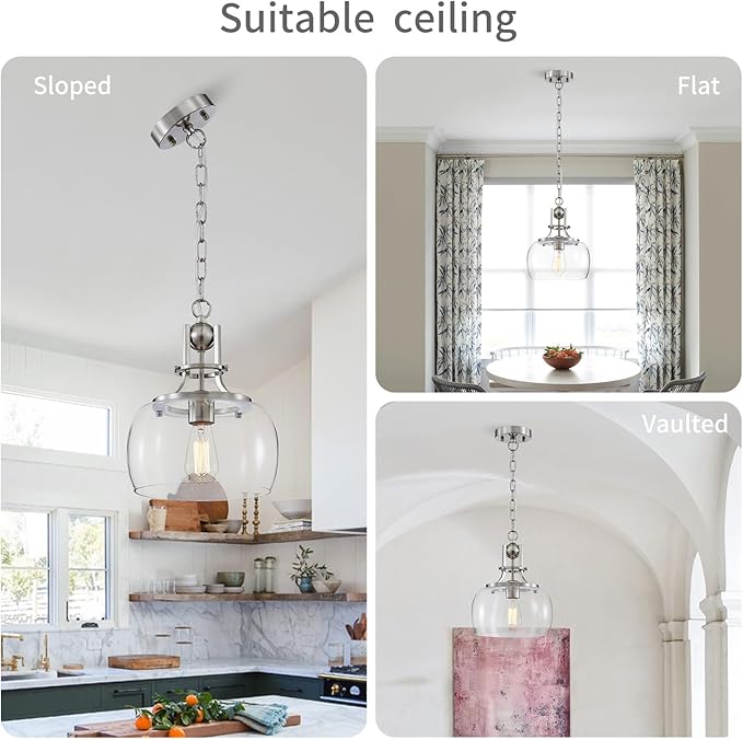 WUZUPS Chandelier Rustic Farmhouse Industrial Round Ceiling Pendant LED Light Fixture with Clear Glass Shades for Dining Room Kitchen Island Foyer Entryway, H 13" x W 10", E26 Base, Brushed Nickel-Ruum Studio Home