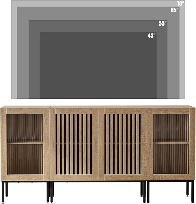 Farmhouse TV Stand for TVs up to 70 Inch, Entertainment Center TV Console with Storage Cabinets and Glass Doors,Media Console for Living Room,Oak-Ruum Studio Home