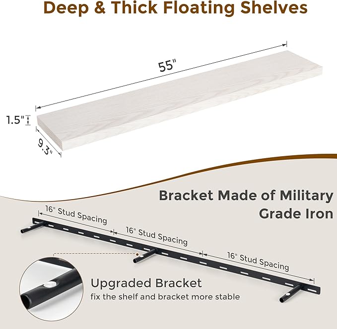 Floating Shelves 55 Inch Long, 55"W x 9"D Wall Shelf Invisible Bracket, 9 Inch Deep Floating Shelf for Wall, Rustic Wooden Shelves for Living Room, Kitchem, Bedroom, Brich Color, Set of 1-Ruum Studio Home