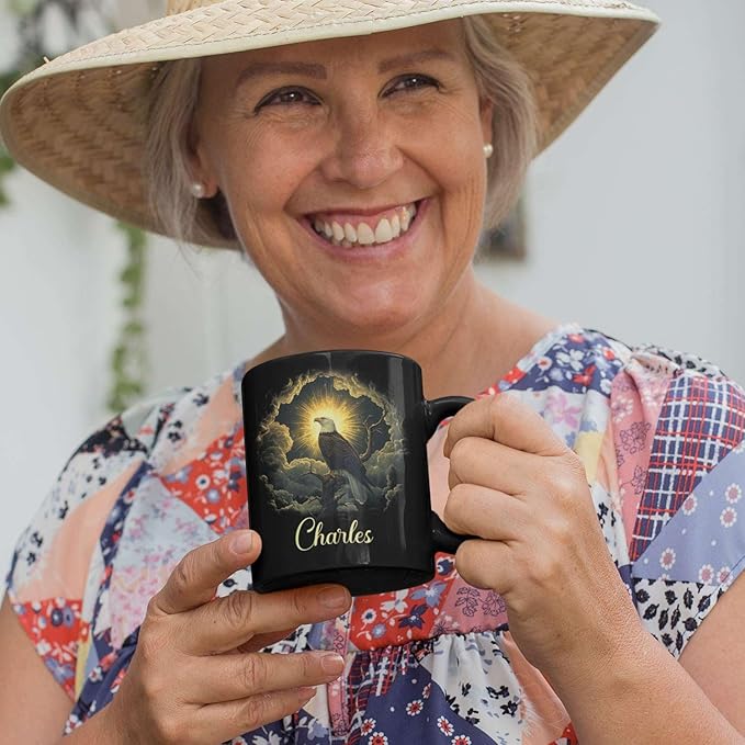 Custom Name Coffee Mug 11oz or 15oz, Unique Wildlife Art Black Cup, Personalized Eagle Ceramic Mug for Animal Lovers, Inspirational Coffee Cup with Nature Scene, Gifts for Friends-Ruum Studio Home