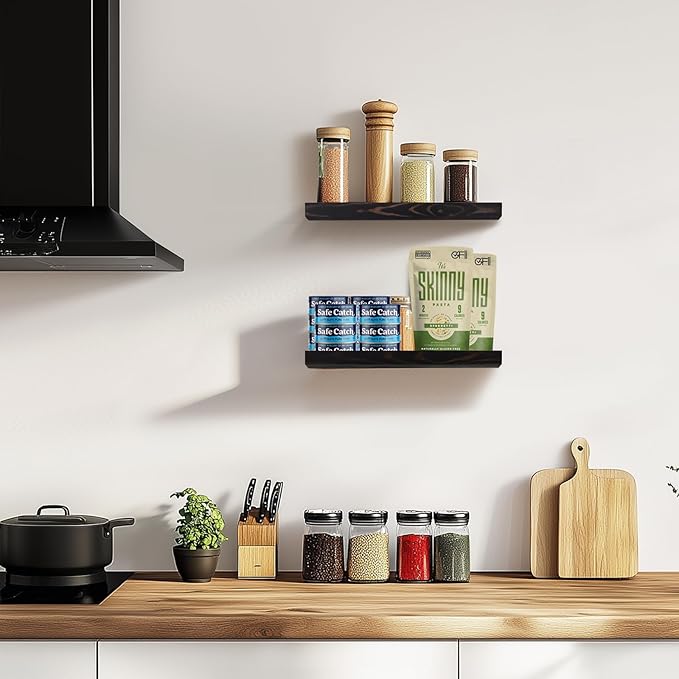 Floating Wall Shelves - 16"x6.8"x1.2" Sturdy Rustic Black Solid Wood Shelves for Storage and Décor, Easy Installation for Living Room, Bedroom, and Kitchen - 2 Pack-Ruum Studio Home