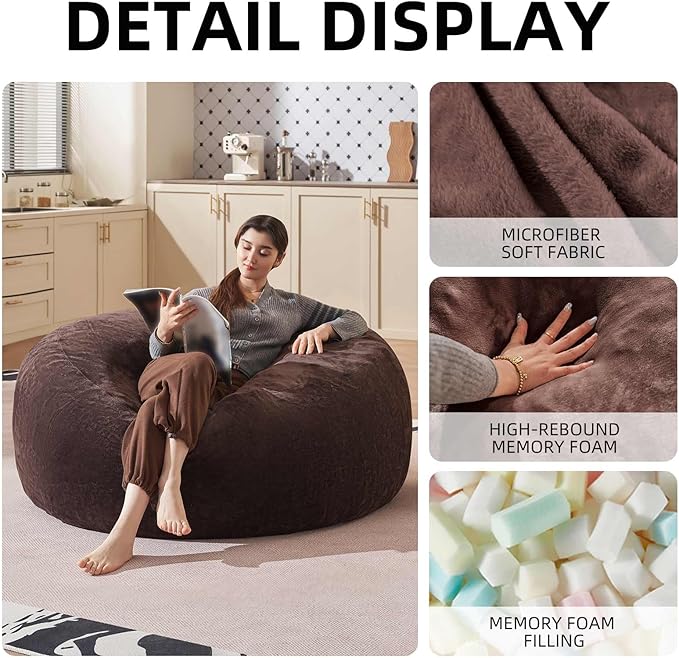 Bean Bag Chair 5Ft, Memory Foam Filled, Large Beanbag Chairs for Adults and Teens, Soft Sofa with Removable Flannel Cover, Round Couch for Living Room Bedroom College Dorm (Brown, 5FT-60×60"×24")-Ruum Studio Home