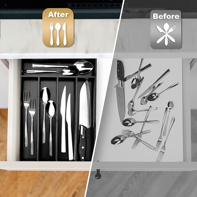 Bamboo Silverware Holder - Drawer Organizer with 5 Slots (Black)-Ruum Studio Home