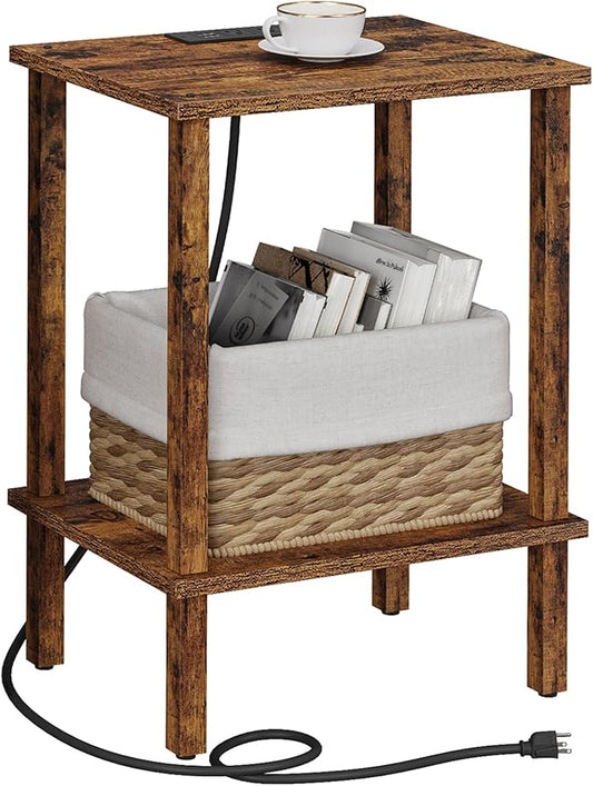 TUTOTAK End Table with Charging Station, Small Side Table with Outlets, Nightstand Bedside Table, 2-Tier Storage Shelf for Small Space, Living Room, Bedroom, Brown TB01BB040C-Ruum Studio Home