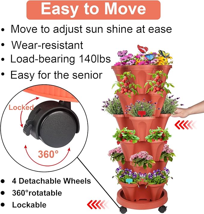 Vertical Planter, 6 Tier Stackable Strawberry Planter with Garden Tool Set, Movable Indoor/Outdoor Garden Herb Pot for Growing Vegetables and Succulents, Red-Ruum Studio Home