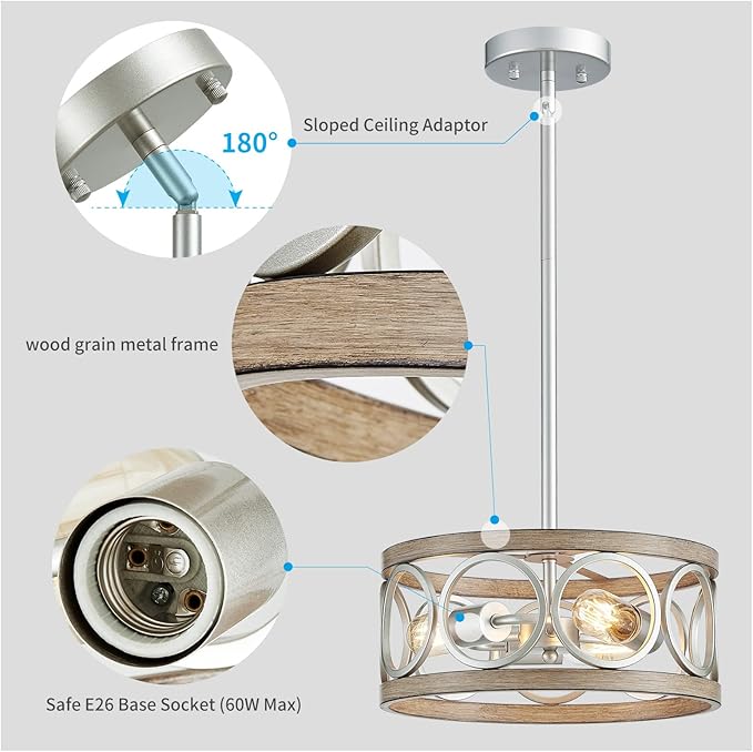 XINGQI Modern Ceiling Light Adjustable Height Pendant Lighting Fixture Brushed Nickel Wood Grain Metal 13" Rustic Round Lights for Dining Room Kitchen Bedroom Foyer Hallway-Ruum Studio Home