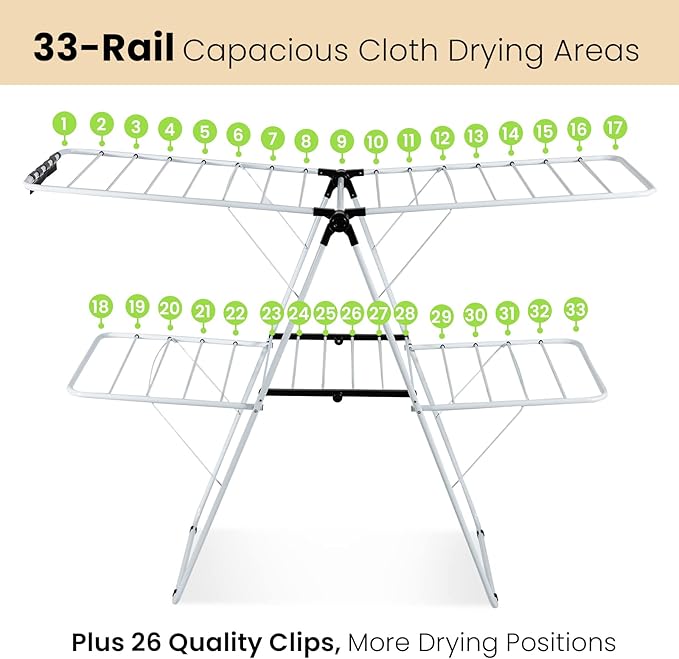COSTWAY Clothes Drying Rack, Foldable 2-Level Laundry Drying Rack w/Height-Adjustable Wings, 33 Drying Rails & Sock Clips, Standing Large Drying Rack for Clothing, Indoor Outdoor Use-Ruum Studio Home