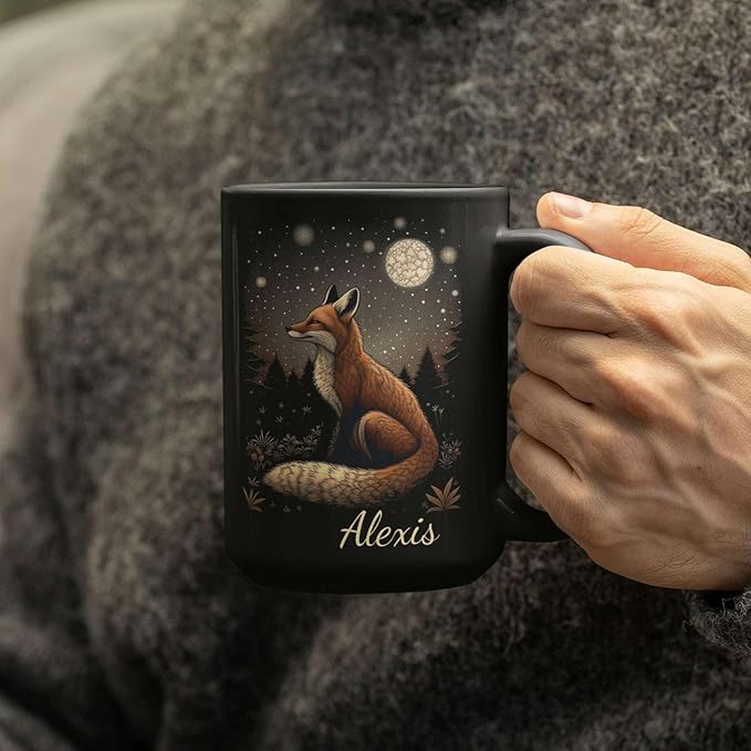 Animal Lover Mug with Custom Name, Nature Inspired Coffee Mug 11oz or 15oz, Personalized Cute Fox Ceramic Cup, Unique Animal Art Black Coffee Cup, Gifts for Friends, Family-Ruum Studio Home
