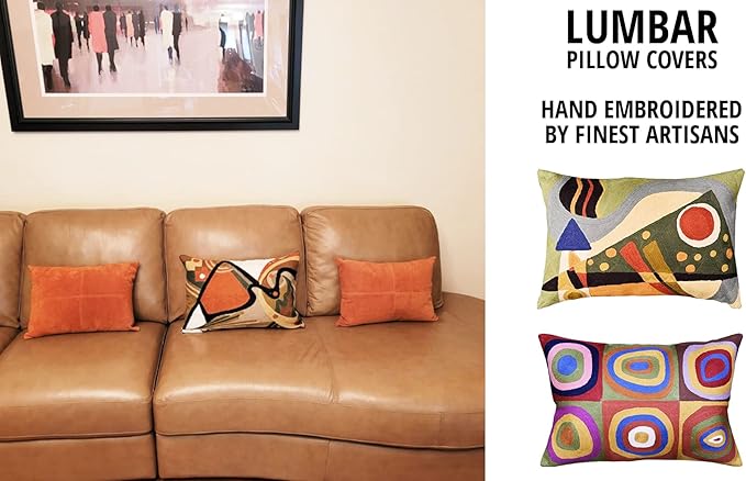 Lumbar Modern Pillow Cover - Kandinsky in Flow Burnt Orange Abstract Farmhouse Pillowcase Modern Chair Cushion Contemporary Outdoor Cushions Hand Embroidered Wool Size 14x20-Ruum Studio Home